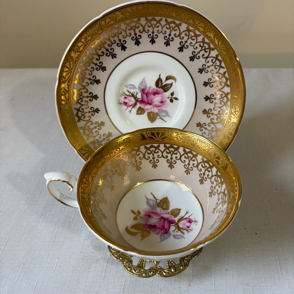 Royal Grafton Fine Bone China Teacup Saucer Set Pink Rose Gold Filigree England